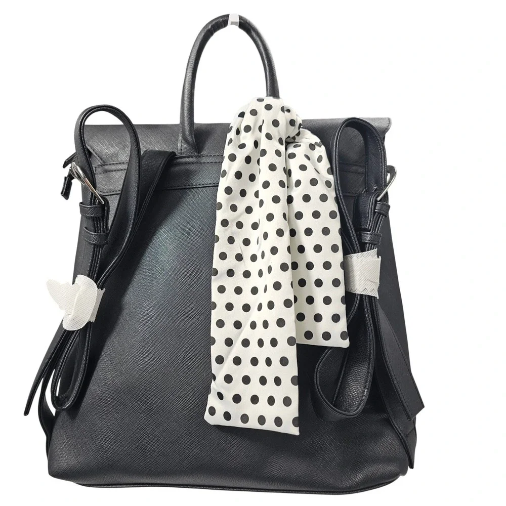 Disney Minnie Mouse Bellissima Black Saffiano Backpack with Polka Dot Scarf